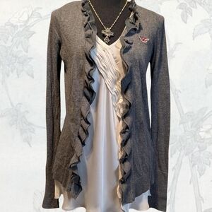 Hollister Gray Ruffled Cardigan Size Medium
